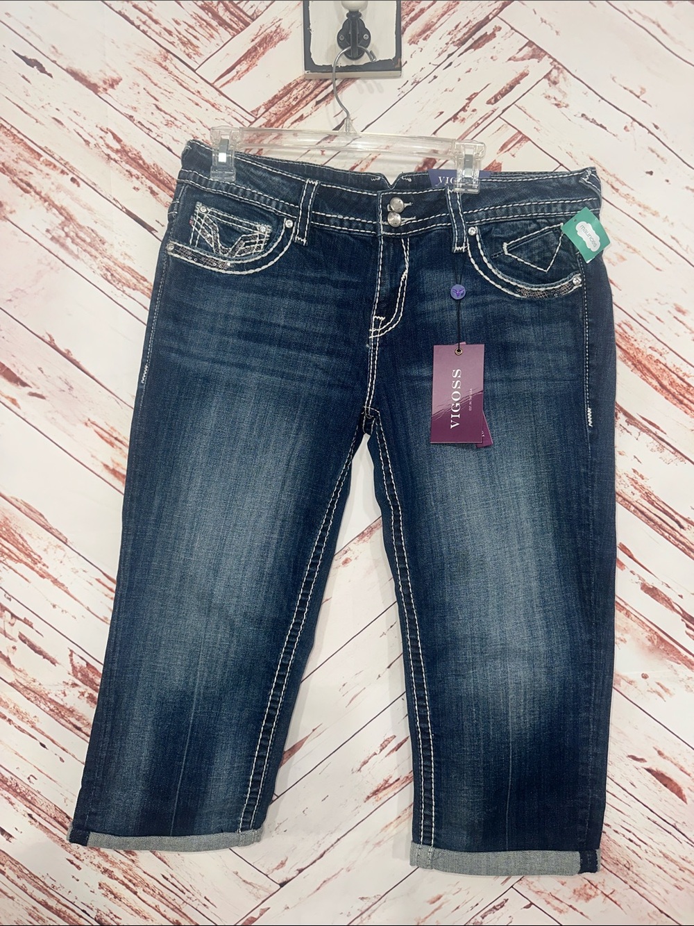NWT Vigoss Women's Dark Indigo Cropped Jeans with Contrast Stitching